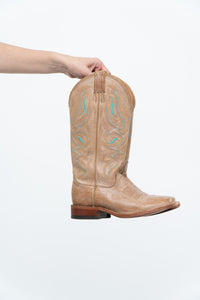 Vintage x NOCONNA Beige, Teal Embroidered Square-toe Cowboy Boots (6, 6.5W)