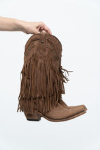 Load image into Gallery viewer, Vintage x LIBERTY BLACK Brown Suede Fringe Cowboy Boot (8-9W)