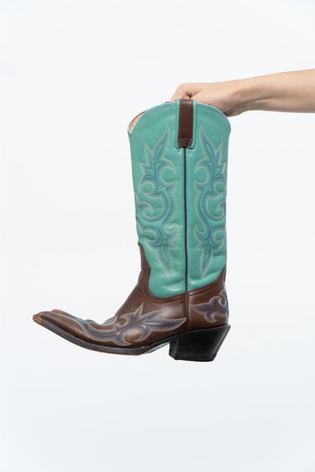 Vintage x LANE Teal, Brown Embroidered Leather Cowboy Boot (6W)