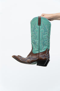 Vintage x LANE Teal, Brown Embroidered Leather Cowboy Boot (6W)