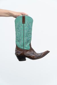 Vintage x LANE Teal, Brown Embroidered Leather Cowboy Boot (6W)
