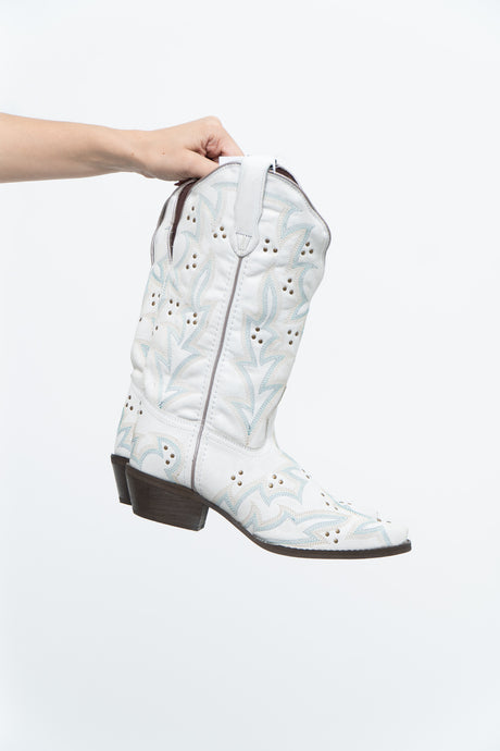 LAREDO x White, Teal Embroidered Studded Cowboy Boot (7-8W)