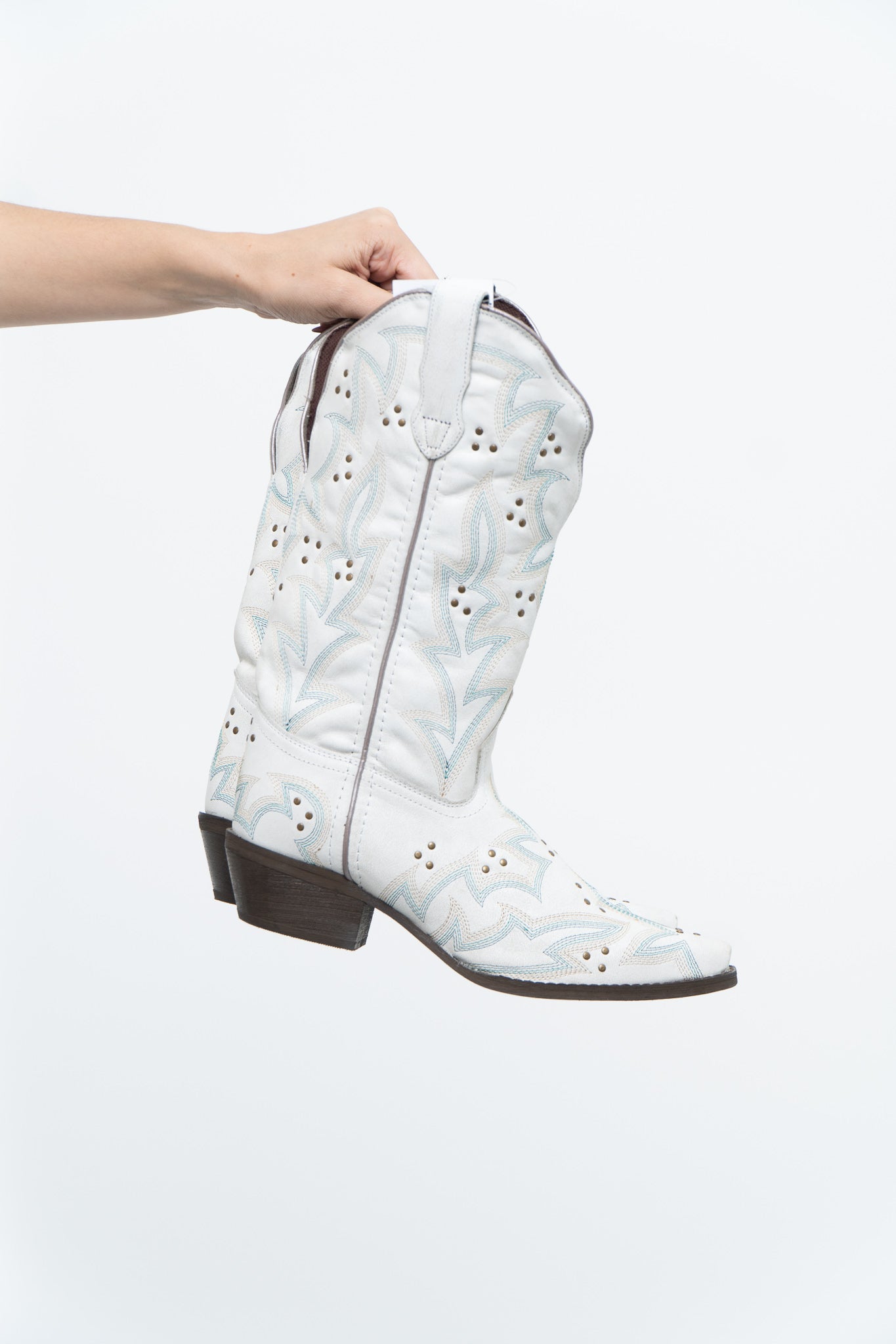 LAREDO x White, Teal Embroidered Studded Cowboy Boot (7-8W)