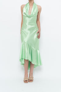 Vintage x Green Satin Open-Back Midi Halter Dress (XS, S)