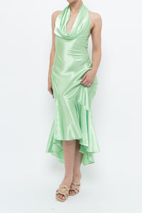 Vintage x Green Satin Open-Back Midi Halter Dress (XS, S)