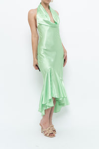 Vintage x Green Satin Open-Back Midi Halter Dress (XS, S)