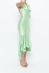 Vintage x Green Satin Open-Back Midi Halter Dress (XS, S)