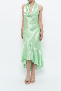 Vintage x Green Satin Open-Back Midi Halter Dress (XS, S)