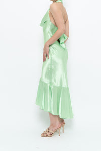 Vintage x Green Satin Open-Back Midi Halter Dress (XS, S)