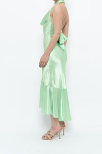 Vintage x Green Satin Open-Back Midi Halter Dress (XS, S)