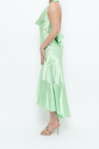 Vintage x Green Satin Open-Back Midi Halter Dress (XS, S)