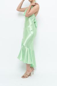 Vintage x Green Satin Open-Back Midi Halter Dress (XS, S)