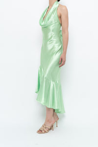 Vintage x Green Satin Open-Back Midi Halter Dress (XS, S)