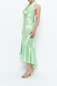 Vintage x Green Satin Open-Back Midi Halter Dress (XS, S)