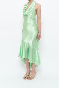 Vintage x Green Satin Open-Back Midi Halter Dress (XS, S)