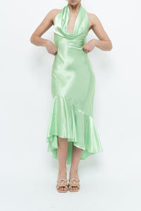 Vintage x Green Satin Open-Back Midi Halter Dress (XS, S)