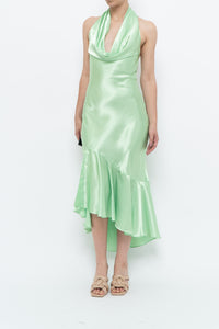 Vintage x Green Satin Open-Back Midi Halter Dress (XS, S)