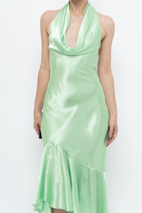 Vintage x Green Satin Open-Back Midi Halter Dress (XS, S)