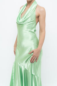 Vintage x Green Satin Open-Back Midi Halter Dress (XS, S)