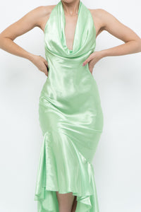 Vintage x Green Satin Open-Back Midi Halter Dress (XS, S)
