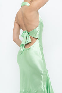 Vintage x Green Satin Open-Back Midi Halter Dress (XS, S)
