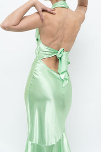 Vintage x Green Satin Open-Back Midi Halter Dress (XS, S)