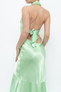 Vintage x Green Satin Open-Back Midi Halter Dress (XS, S)