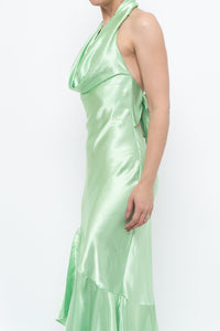 Vintage x Green Satin Open-Back Midi Halter Dress (XS, S)