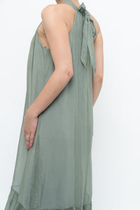 Vintage x Made in Italy x Silk-blend Green Flowy Halter Dress (S, M)
