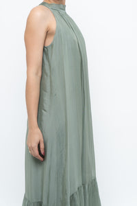 Vintage x Made in Italy x Silk-blend Green Flowy Halter Dress (S, M)
