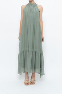 Vintage x Made in Italy x Silk-blend Green Flowy Halter Dress (S, M)