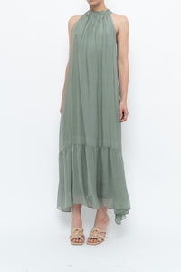 Vintage x Made in Italy x Silk-blend Green Flowy Halter Dress (S, M)