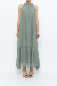 Vintage x Made in Italy x Silk-blend Green Flowy Halter Dress (S, M)