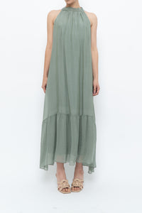 Vintage x Made in Italy x Silk-blend Green Flowy Halter Dress (S, M)