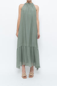 Vintage x Made in Italy x Silk-blend Green Flowy Halter Dress (S, M)