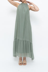 Vintage x Made in Italy x Silk-blend Green Flowy Halter Dress (S, M)