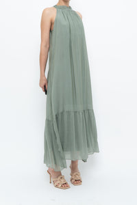 Vintage x Made in Italy x Silk-blend Green Flowy Halter Dress (S, M)