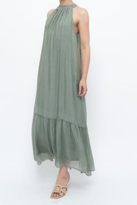 Vintage x Made in Italy x Silk-blend Green Flowy Halter Dress (S, M)