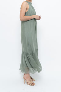 Vintage x Made in Italy x Silk-blend Green Flowy Halter Dress (S, M)