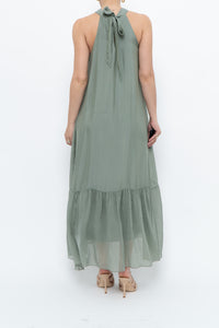 Vintage x Made in Italy x Silk-blend Green Flowy Halter Dress (S, M)
