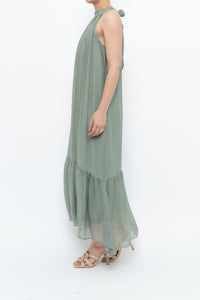 Vintage x Made in Italy x Silk-blend Green Flowy Halter Dress (S, M)