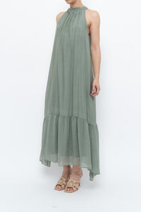 Vintage x Made in Italy x Silk-blend Green Flowy Halter Dress (S, M)