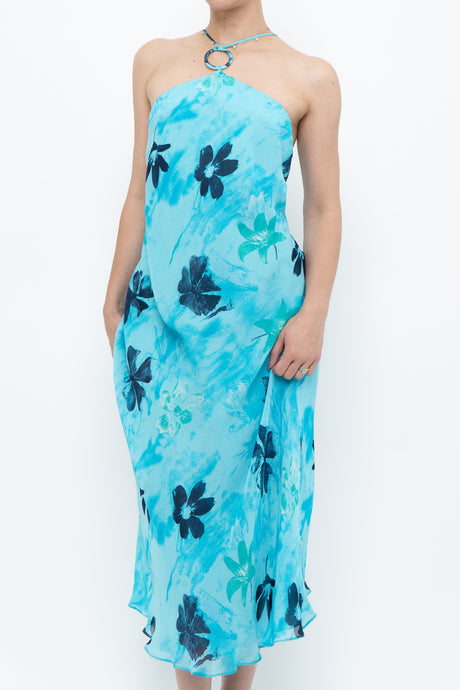 Vintage x Made in Korea x Bright Blue Floral Maxi Dress (S, M)