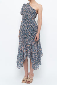 ASTR THE LABEL x Blue Floral One-Shoulder Midi Dress (S)