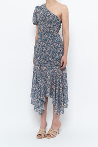 ASTR THE LABEL x Blue Floral One-Shoulder Midi Dress (S)
