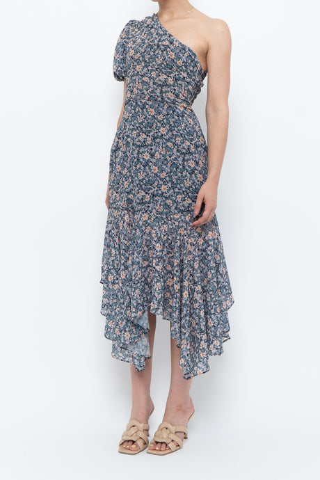 ASTR THE LABEL x Blue Floral One-Shoulder Midi Dress (S)