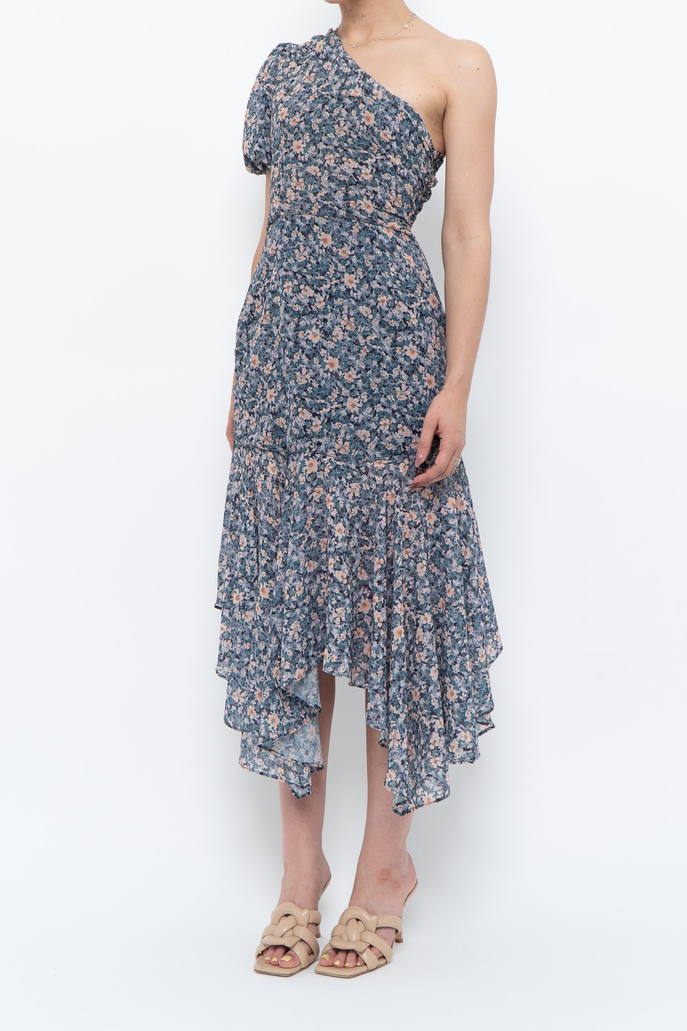 ASTR THE LABEL x Blue Floral One-Shoulder Midi Dress (S)