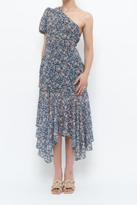 ASTR THE LABEL x Blue Floral One-Shoulder Midi Dress (S)