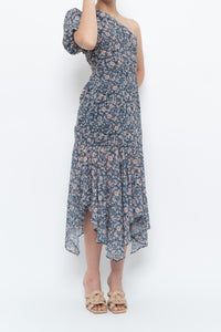 ASTR THE LABEL x Blue Floral One-Shoulder Midi Dress (S)