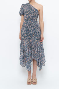 ASTR THE LABEL x Blue Floral One-Shoulder Midi Dress (S)